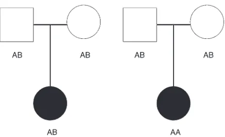 Figure 2Example of genotype configurations for trio (father, mother, affected child) when null (left) and alternative hypotheses (right) are true