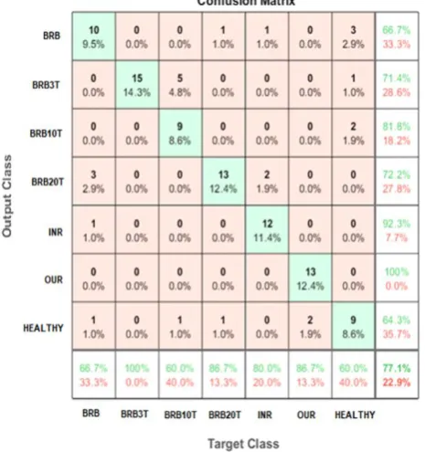 Fig.5 (b) Confusion matrix for classification using trainlm with 12 hidden layers 