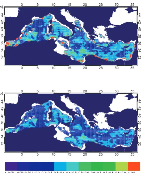 Fig. 7.EXP2:maps of the mean error � computed averag-ing on a grid of 0.25◦×0.25◦ between all the error values of thecycles falling in a given bin with��XTot��>10 km (panel a) and��XTot�� >20 km (panel b).