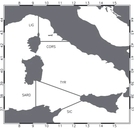Fig. 9. Starting (SARD and CORS) and ending sections for theLagrangian experiments described in Sect