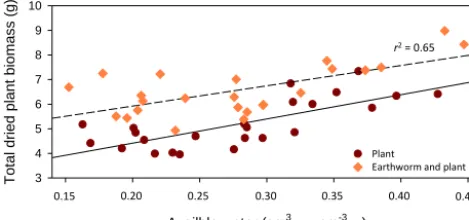 Figure 7. Linear regression between total dry plant biomass andwithout earthworm (plain line)
