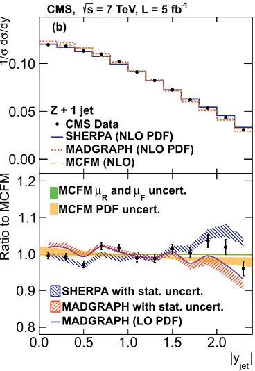 Figure 5. Absolute value of Z boson rapidity, nor-malised to the total cross section. Data is shownafter eﬃciency corrections