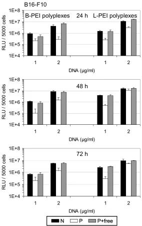Fig. 9 Long term reporter gene expression. B16-F10 cells were transfected with B-PEI (left) and L-PEI 
