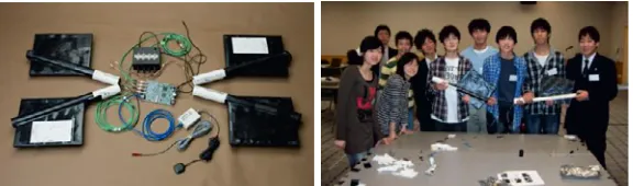 Figure 7. QuarkNet cosmic ray detector (left) and students in Tsukuba, Japan, with two counters they built