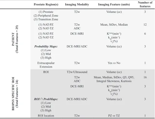Table 2: Description of imaging features, extracted from various prostate regions utilizing mpMRI