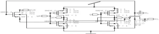 Figure.5. shows the circuit of 6T SRAM cell [1]and consists of six transistors. The construction and working in three different modes (write, read and hold operation) of the circuit is explained above