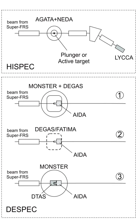 Figure 3. Schematic overview of the HISPEC/DESPEC experiment with diﬀerent conﬁgurations by use ofvarious combinations of the planned instrumentation.