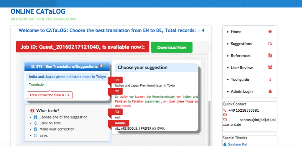 Figure 1: Working interface for CATaLog online