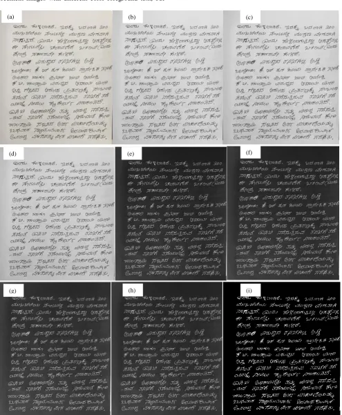Figure 3: (a) Input Kannada document. (b) R-Band. (c) G-Band. (d) B-Band. (e) C-Color Space