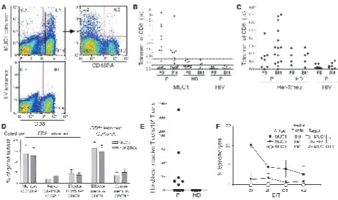 Figure 1TA specificity and function of BM memory T cells from breast cancer patients. (Maximal levels of tetramer-binding CD8(filled squares and filled triangles) or donor (open circles) cells were stimulated for 5 days with DCs pulsed with the MUC1 peptid