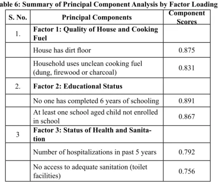 Table 6: Summary of Principal Component Analysis by Factor Loadings