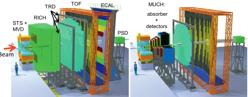 Figure 5. Layout of the CBM detector setup (see text). Two conﬁgurations are foreseen: one dedicated to themeasurements of hadrons and electrons (left side), and another one optimized for detecting muons (right side).