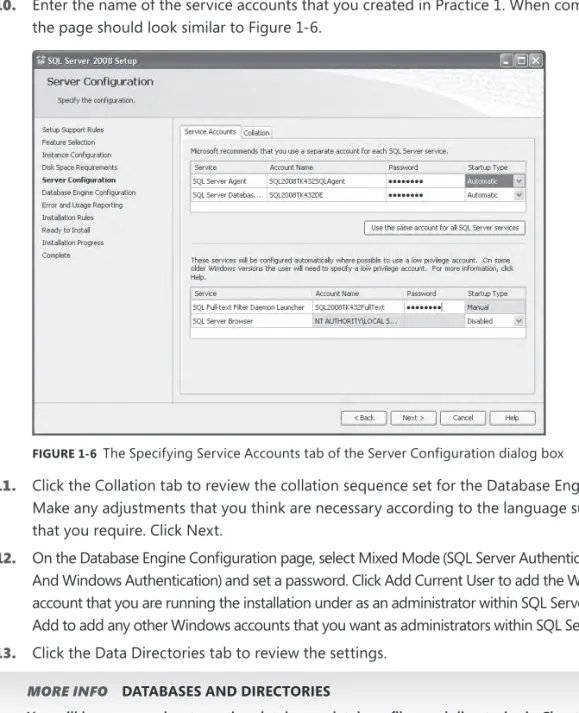 FIGURE 1-6  The Specifying Service Accounts tab of the Server Configuration dialog box  11