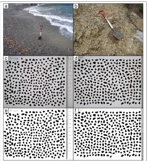 Fig. 10 Photographs and binary images of sediment particles. These were obtained from beach and slope environments and grain size rangesfrom −1.5 to 2.0 phi