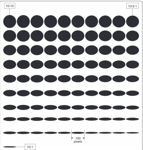 Fig. 6 Test circle/ellipse images with aspect ratios of 10/10 to 10/1 and diameters/widths of 100 pixels