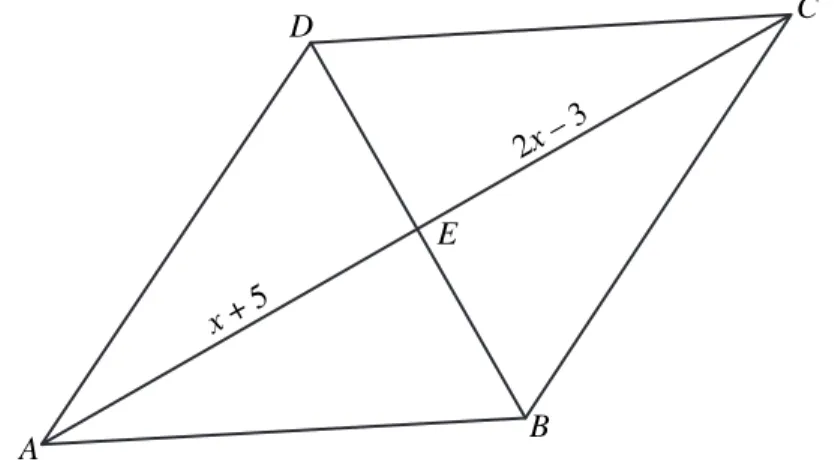 Figure ABCD is a rhombus. The length of AE is (x  5) units, and the length of EC is  (2x  3) units