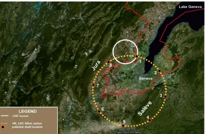 Figure 3: Possible location, based upon a geological study, of an 80-km ring for the FCC.