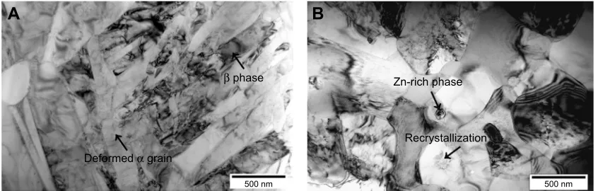 Figure 3 TeM images of middle region (~1 mm from upper surface) of stir zone in Zn-I-FsP group alloy.Notes: (A) Deformed grain and (B) recrystallization grain.Abbreviations: FsP, friction stir processing; TeM, transmission electron microscopy; Zn, zinc.