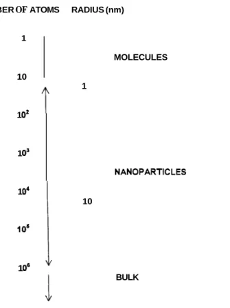 Figure 4.1.  Distinction between molecules, nanoparticles, and bulk according to the number of  atoms in the cluster