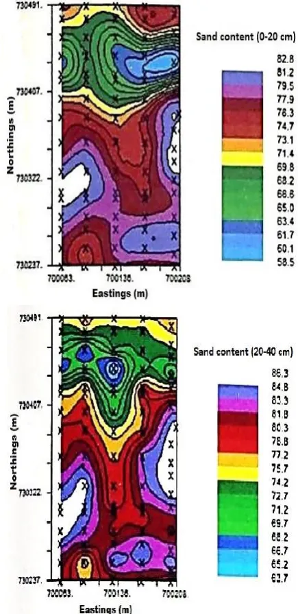 Figure 1a: Kriged map for sand content (%) in both  surface and subsurface layers  