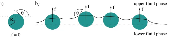 Fig. 1. a) A single colloid trapped at a ﬂuid interface (dotted line) without external forces present