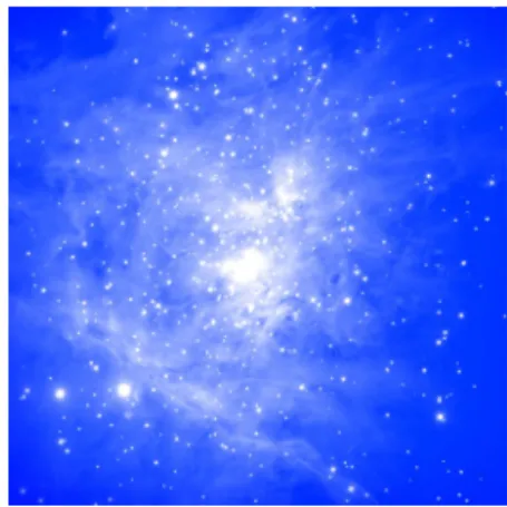 Figure 32.7:  A NASA/HST photo  of a portion of the Orion Nebula. A  group of protostars is visible  in the  center of the nebula.