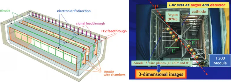 Figure 2. Scheme of the detector [Left] and a picture of the LAr TPC with an artistic view of the workingprinciple of one of the modules [Right].