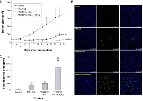Figure 5 In vivo antitumor activity of PTX/SPIO-SSL-H7K(R2)2.Notes: BALB/C nude mice were inoculated s.c