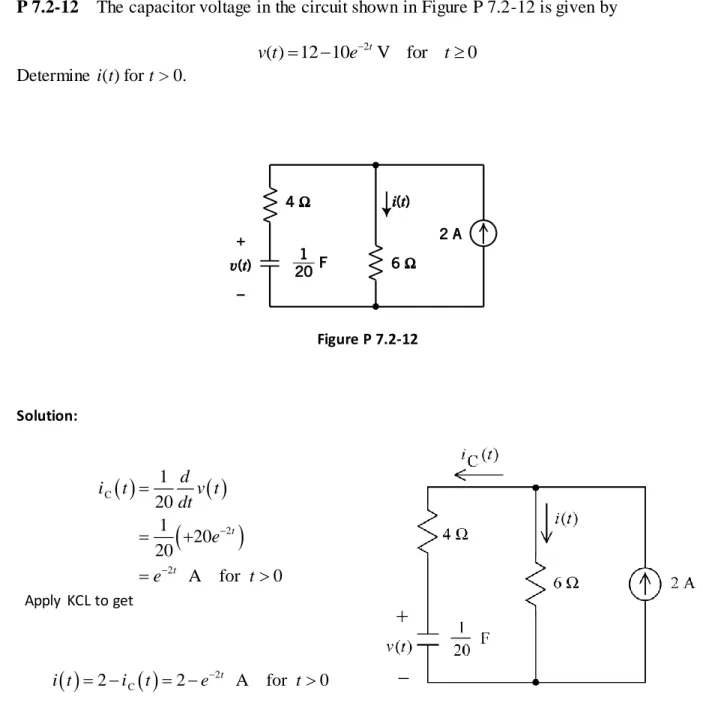 Figure P 7.2-12  Solution:       C2 21201 2020   A    for   0ttitdv tdteet Apply  KCL to get    2 C   2 2 t   A    for   0i t it et