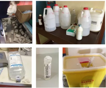 Figure 5 Infection control issues. Clockwise from top left: autoclaved gauze packed in butcher’s paper that does not maintain sterility; saline solution diluted with tap water for wound irrigation and wetting of wound pads in surgical ward; overfilled shar