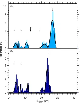 Figure 6.9: Distribution of the ejected DNA length: Amount of DNA at a cer-tain length for (a) wild type phage (b) mutant phage