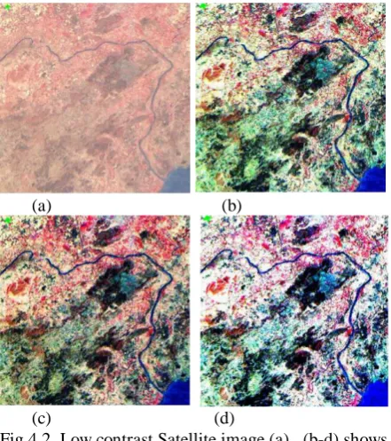 Fig.4.2. Low contrast Satellite image (a) , (b-d) shows (c)                               (d) enhanced contrast images using the technique based on 