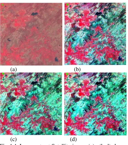 Fig.4.4. Low contrast Satellite image (a) , (b-d) shows enhanced contrast images using the technique based on DCT-SVD,DWT-SVD and SVD-DWT-IMO respectively