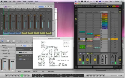 Figure 3.1: The computer screen during performance. On the left is Logic Studio’smixing window, on the right is Ableton Live and the white window in the middleis the author’s program in Pure Data