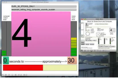 Figure 4.3: Screenshot of the Max/MSP program for Music for Snare Drum andComputer. The performer’s display (left window) shows the section of composi-tion that the computer is playing, the playing instructions from the score, inputand output volume levels, and the prescribed timing with an animated progressbar.