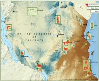 Figure 2: Map of Tanzania showing major REDD+ pilot  projects. Source: wildlife conservation society (2011) in  (TNRF, 2012)