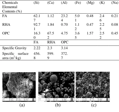 Fig. 1  SEM image of (a) RHA, (b) FA, and (c) OPC particle[1]. 