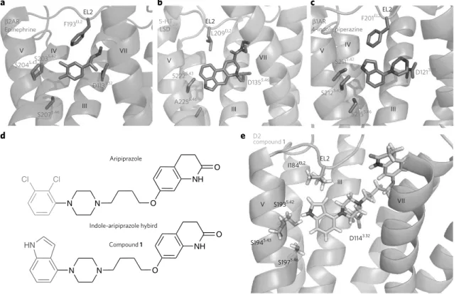 Figure 1 | Structure-inspired design of indole-aripiprazole hybrid ligands. D2 ligand design based on comparison of three aminergic crystal structures