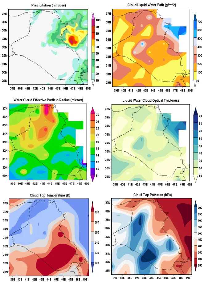 Figure 8 shows the daily rainfall and cloud parameters for  Jan 27, 2014. During that day, two rainstorms merged over Iraq
