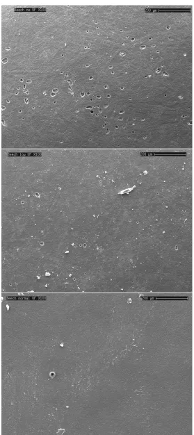 Figure 3.32: SEM images of the MF coating on Beech showing a reduction in average unﬁlled porearea with no, low and normal UF saturation respectively.