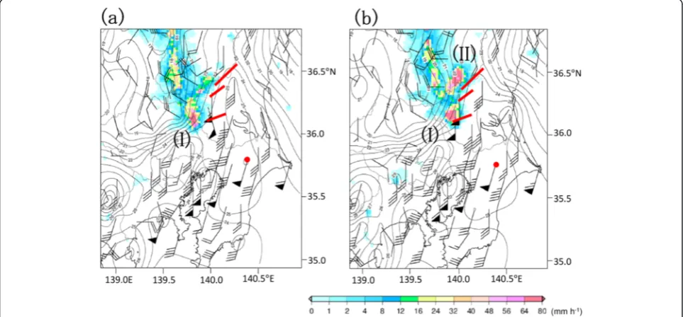 Fig. 3 Horizontal distributions of horizontal wind and temperature observed by AMeDAS atindicate the tornado tracks, as revealed by the damage they caused