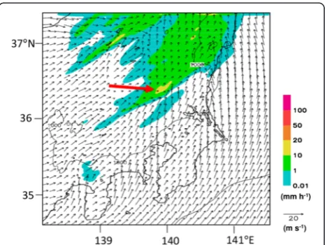 Fig. 6 The ensemble mean distributions of 1 h rainfall and horizontalwind at the height of 20 m at 12:00 JST, analyzed by the inner LETKF