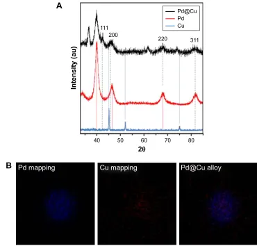 Figure 2 (A) X-ray diffraction pattern of palladium@copper bimetallic nanoparticles. (B) energy-dispersive X-ray elemental mapping images of Pd, cu, and Pd@cu bimetallic nanoparticles, respectively.