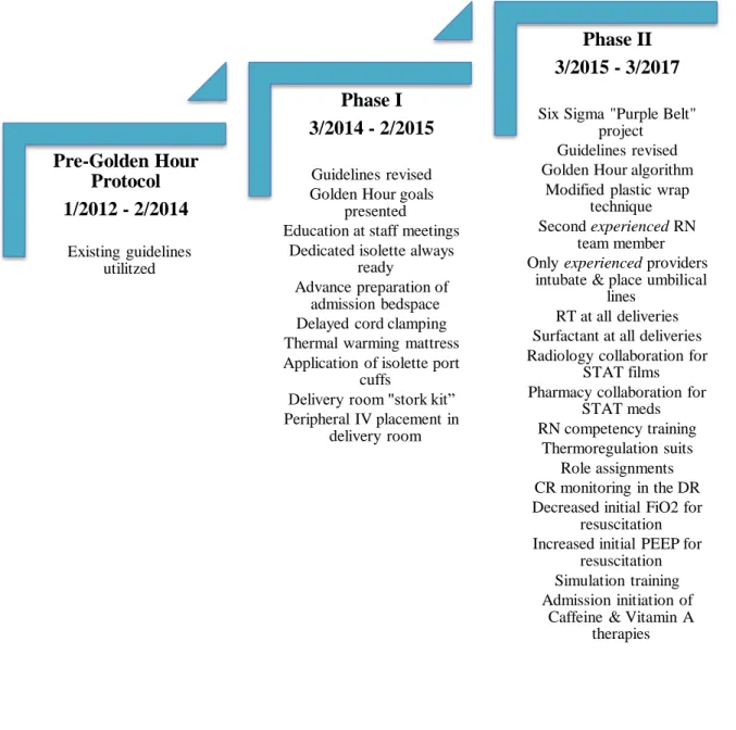 Figure 2. Golden Hour timeline of quality improvement interventionsPre-Golden Hour Protocol1/2012 - 2/2014Existing guidelines utilitzedPhase I3/2014 - 2/2015Guidelines revisedGolden Hour goals 