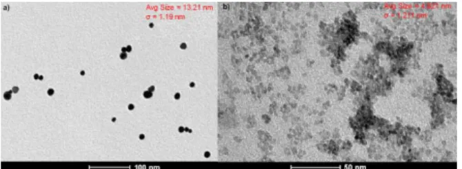 Figure 1. Images of transmission electron  microscopy showing the morphlogy and sizes of  gold (a) and titanium dioxide (b) nanoparticles