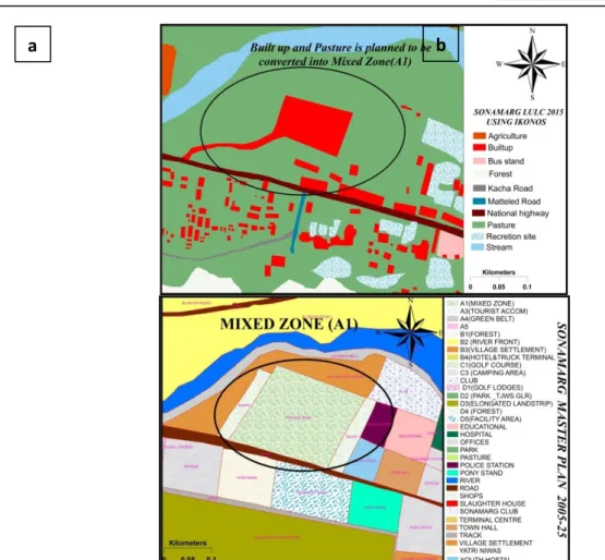 Fig. 9 Shows conversion of (a) current land use land (built up and pastures) into (b) mixed  zones proposed by SDA MP in sub-zone A1