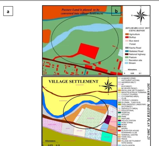Fig. 10 Shows conversion of (a) current land use land cover (pastures) into (b) village  settlement proposed by SDA MP in sub-zone A4