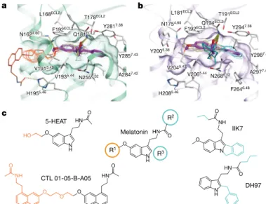 Fig. 4 | MT 2  mutations implicated in type 2 diabetes. Mapping of  residues implicated in type 2 diabetes 4,5  onto the MT 2  crystal structure