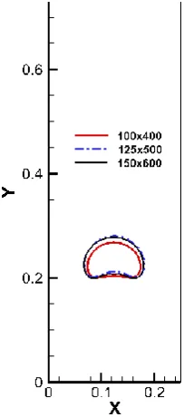 Figure 2.The shape of the droplet plotted at t=0.60s for various grid sizes 
