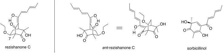 Figure 1. Structures of rezishanone C, ent-rezishanone C and sorbicillinol 